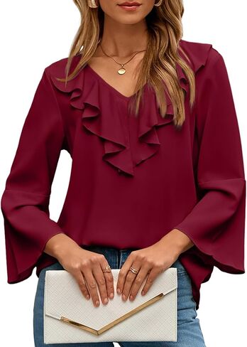 Dokotoo Womens Dressy Casual Blouses 3/4 Sleeve Fall Tops 2025 Ruffle V Neck Business Shirts in Saudi Arabia