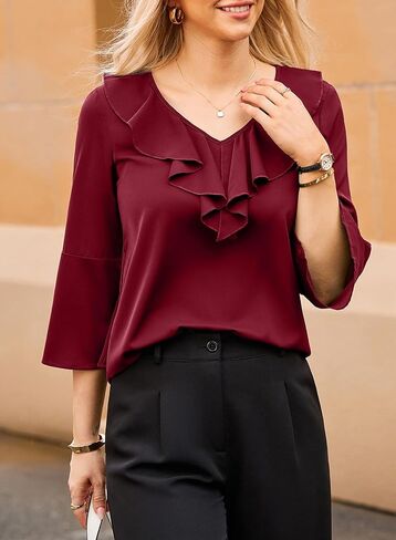 Dokotoo Womens Dressy Casual Blouses 3/4 Sleeve Fall Tops 2025 Ruffle V Neck Business Shirts in Saudi Arabia