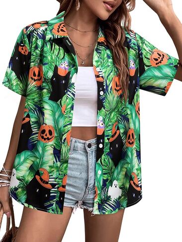 Womens Halloween Hawaiian Shirt Cute Pumpkin Ghosts Print Button Down Shirts Short Sleeve Loose Fit Castle Blouses Tops in Saudi Arabia