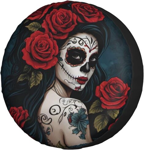 Rose Sugar Skull Women Spare Tire Cover 17 inch Waterproof Dust-Proof Universal Spare Wheel Tires Covers Fit for Trailers, RV, SUV,Many Vehicle Diameter 31"-33" in Saudi Arabia