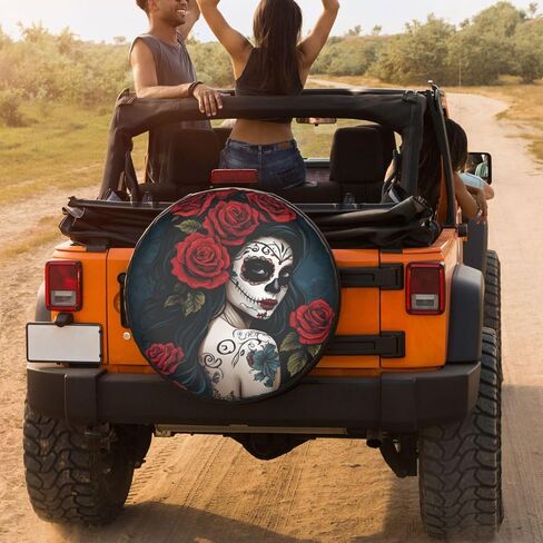 Rose Sugar Skull Women Spare Tire Cover 17 inch Waterproof Dust-Proof Universal Spare Wheel Tires Covers Fit for Trailers, RV, SUV,Many Vehicle Diameter 31"-33" in Saudi Arabia