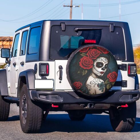 Rose Sugar Skull Women Spare Tire Cover 17 inch Waterproof Dust-Proof Universal Spare Wheel Tires Covers Fit for Trailers, RV, SUV,Many Vehicle Diameter 31"-33" in Saudi Arabia