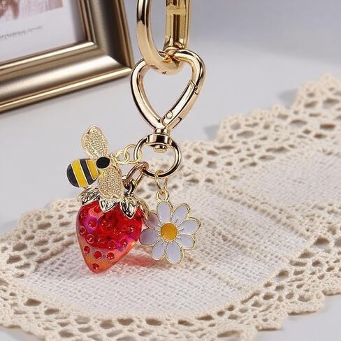 Strawberry Keychain, Bag Charm Daisy Flower Bee Accessories, Aesthetic Keyring Decor for Women Girls in Saudi Arabia