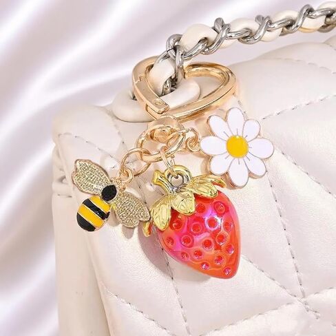 Strawberry Keychain, Bag Charm Daisy Flower Bee Accessories, Aesthetic Keyring Decor for Women Girls in Saudi Arabia