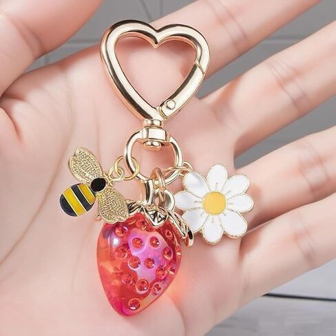 Strawberry Keychain, Bag Charm Daisy Flower Bee Accessories, Aesthetic Keyring Decor for Women Girls in Saudi Arabia