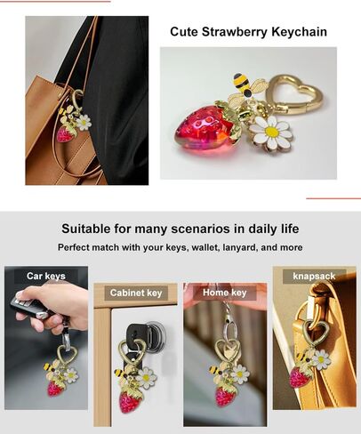 Strawberry Keychain, Bag Charm Daisy Flower Bee Accessories, Aesthetic Keyring Decor for Women Girls in Saudi Arabia