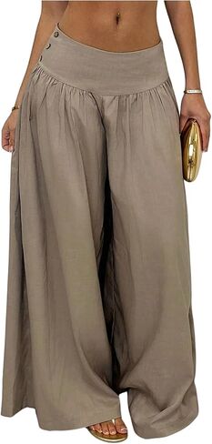 Milumia Women's Button Down Wide Leg Palazzo Pants Elastic Low Waist Casual Long Trousers in Saudi Arabia