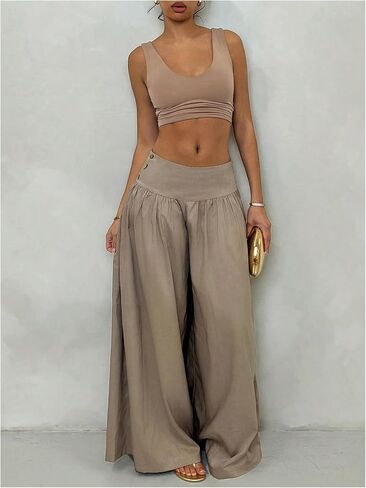 Milumia Women's Button Down Wide Leg Palazzo Pants Elastic Low Waist Casual Long Trousers in Saudi Arabia