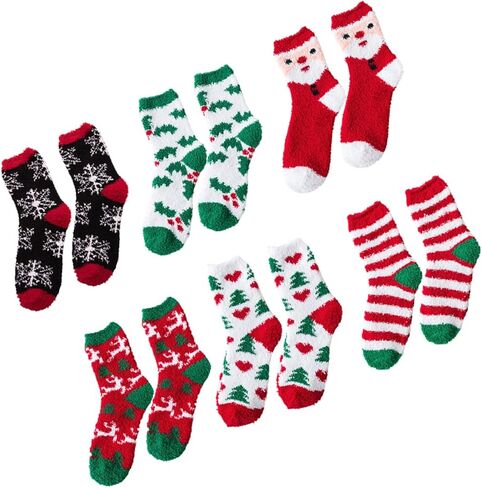 6Pairs Christmas Socks Mid-calf Warm Socks Thickened Fleece Winter Stockings with Cute Cartoon Design for Festive Atmosphere in Saudi Arabia