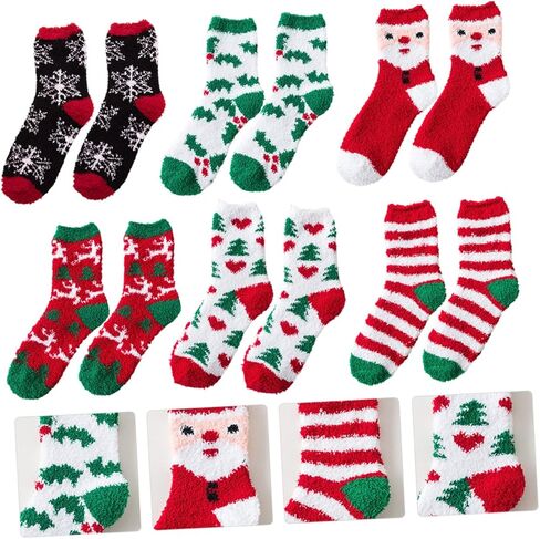 6Pairs Christmas Socks Mid-calf Warm Socks Thickened Fleece Winter Stockings with Cute Cartoon Design for Festive Atmosphere in Saudi Arabia