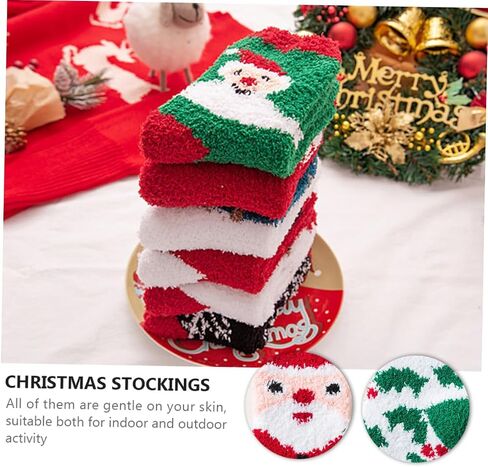 6Pairs Christmas Socks Mid-calf Warm Socks Thickened Fleece Winter Stockings with Cute Cartoon Design for Festive Atmosphere in Saudi Arabia