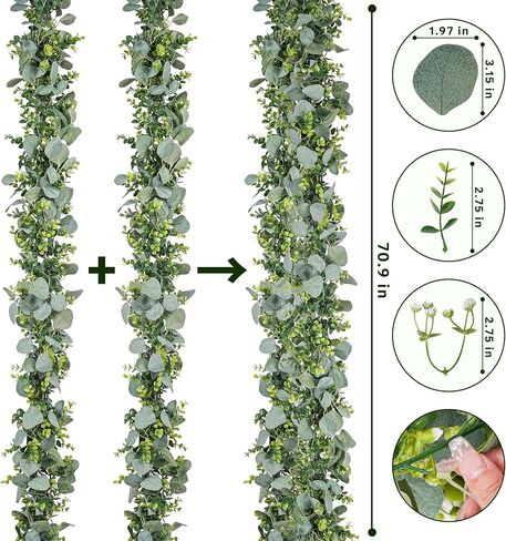2 Pack Artificial Eucalyptus Garland with Flowers,Faux Greenery Garland Decor 5.9FT Fake Vines Hanging Spring Garlands for Bedroom Wedding Backdrop Arch Wall Centerpiece Table Outdoor Decor in Kuwait