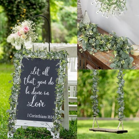 2 Pack Artificial Eucalyptus Garland with Flowers,Faux Greenery Garland Decor 5.9FT Fake Vines Hanging Spring Garlands for Bedroom Wedding Backdrop Arch Wall Centerpiece Table Outdoor Decor in Kuwait