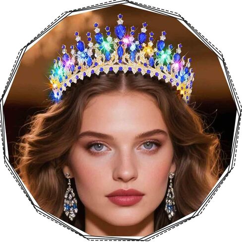 Yean Light Up حجر الراين تاج ذهبي باروكي تيارا زي إكسسوارات شعر الزفاف للنساء (ذهبي، مقاس واحد) in Kuwait