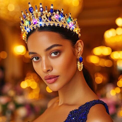 Yean Light Up حجر الراين تاج ذهبي باروكي تيارا زي إكسسوارات شعر الزفاف للنساء (ذهبي، مقاس واحد) in Kuwait