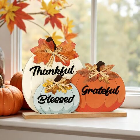 ديكورات الخريف للمنزل، مباركة ممتنة شاكرة للديكور الخريفي، علامة منضدية خشبية على شكل يقطين لحصاد الخريف، عيد الشكر، ديكورات رف غرفة المزرعة العتيقة in Kuwait