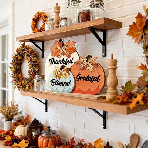 ديكورات الخريف للمنزل، مباركة ممتنة شاكرة للديكور الخريفي، علامة منضدية خشبية على شكل يقطين لحصاد الخريف، عيد الشكر، ديكورات رف غرفة المزرعة العتيقة in Kuwait