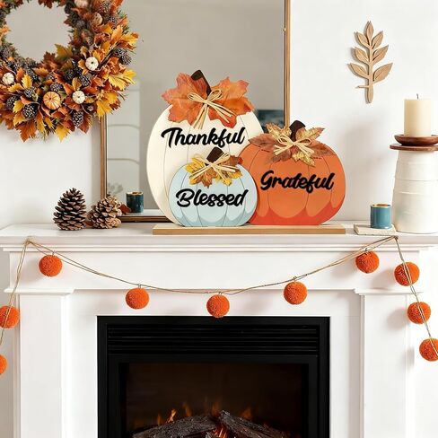 ديكورات الخريف للمنزل، مباركة ممتنة شاكرة للديكور الخريفي، علامة منضدية خشبية على شكل يقطين لحصاد الخريف، عيد الشكر، ديكورات رف غرفة المزرعة العتيقة in Kuwait
