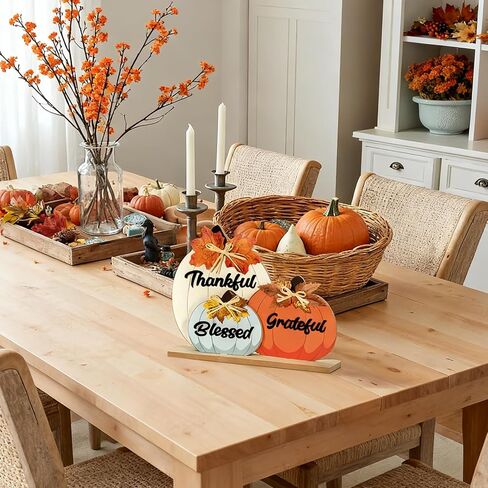 ديكورات الخريف للمنزل، مباركة ممتنة شاكرة للديكور الخريفي، علامة منضدية خشبية على شكل يقطين لحصاد الخريف، عيد الشكر، ديكورات رف غرفة المزرعة العتيقة in Kuwait