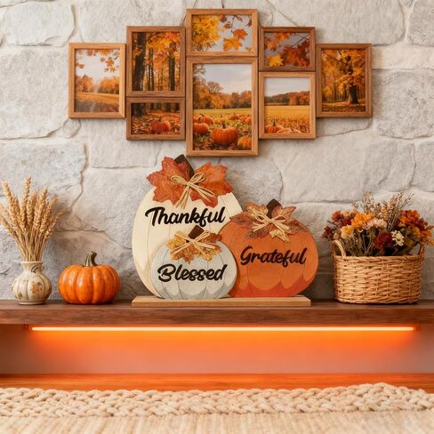 ديكورات الخريف للمنزل، مباركة ممتنة شاكرة للديكور الخريفي، علامة منضدية خشبية على شكل يقطين لحصاد الخريف، عيد الشكر، ديكورات رف غرفة المزرعة العتيقة in Kuwait
