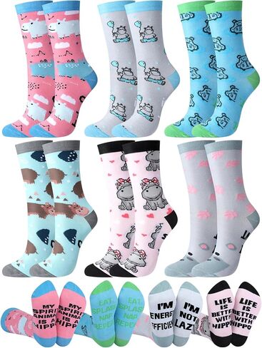 6 Pairs Funny Hippo Lover Gift for Women Men Novelty Animal Themed Cotton Crew Socks Xmas Stuffers Holiday Gift for Hippo Lover in Saudi Arabia
