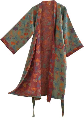 100% Cotton Gauze Ginkgo Leaf Kimono Robe, Long Knit Loose Bathrobe Nightgown Ladies Loungewear Sleepwear for Women in Saudi Arabia