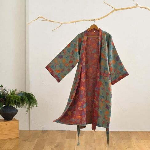 100% Cotton Gauze Ginkgo Leaf Kimono Robe, Long Knit Loose Bathrobe Nightgown Ladies Loungewear Sleepwear for Women in Saudi Arabia