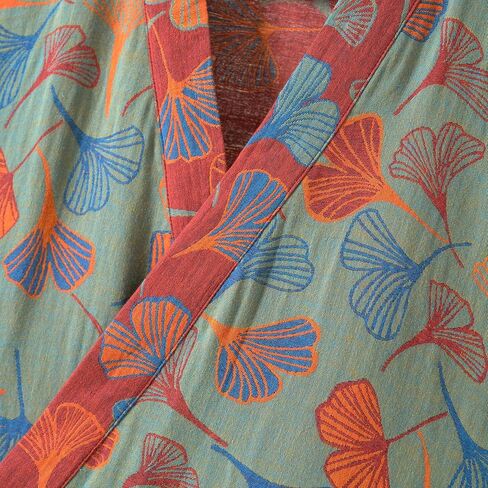 100% Cotton Gauze Ginkgo Leaf Kimono Robe, Long Knit Loose Bathrobe Nightgown Ladies Loungewear Sleepwear for Women in Saudi Arabia