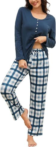 Cotton Pajamas for Women Set Long Sleeve with Plaid Pants Two Piece Loungewear Sleepwear Soft Ladies Pjs with Pockets in Kuwait