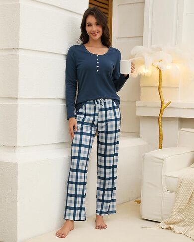 Cotton Pajamas for Women Set Long Sleeve with Plaid Pants Two Piece Loungewear Sleepwear Soft Ladies Pjs with Pockets in Kuwait