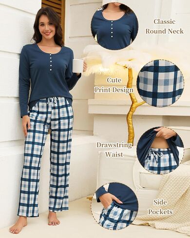 Cotton Pajamas for Women Set Long Sleeve with Plaid Pants Two Piece Loungewear Sleepwear Soft Ladies Pjs with Pockets in Kuwait