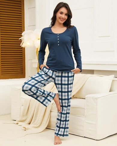 Cotton Pajamas for Women Set Long Sleeve with Plaid Pants Two Piece Loungewear Sleepwear Soft Ladies Pjs with Pockets in Kuwait