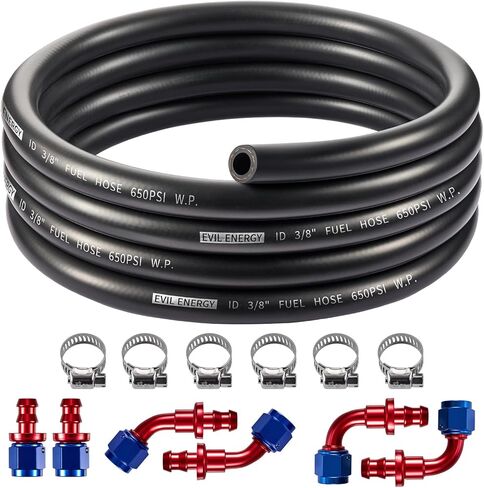 EVIL ENERGY 6AN 3/8 Fuel Line Kit, CPE Rubber 3/8 Fuel Hose with Push On Fittings and Hose Clamps 12PCS, 10FT Black in Kuwait