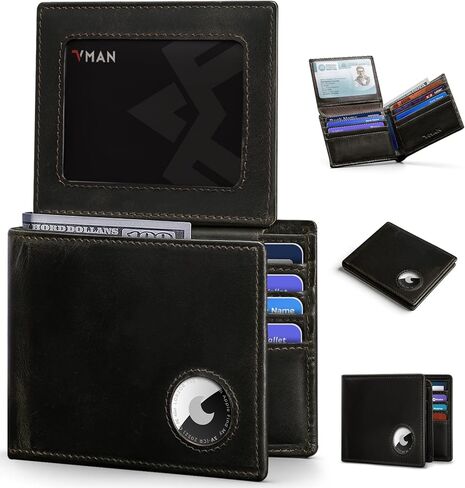 محفظة VMAN Airtag للرجال - محفظة ثنائية الطي من الجلد المحبب بالكامل، محفظة للرجال مع حامل Airtag وحجب RFID مع نوافذ لبطاقة الهوية 2، سعة 12 حامل بطاقة هدية للرجال (أسود) in Kuwait