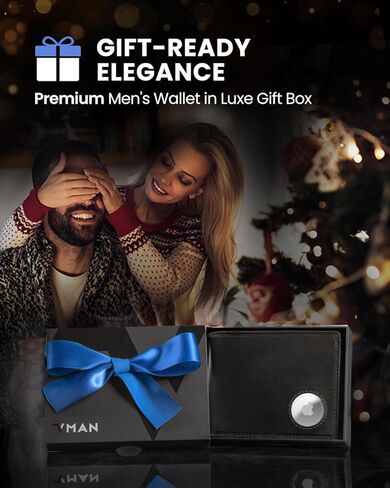 محفظة VMAN Airtag للرجال - محفظة ثنائية الطي من الجلد المحبب بالكامل، محفظة للرجال مع حامل Airtag وحجب RFID مع نوافذ لبطاقة الهوية 2، سعة 12 حامل بطاقة هدية للرجال (أسود) in Kuwait