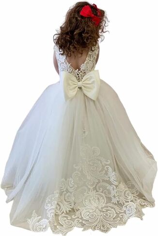 Flower Girls Dress for Wedding Lace Tulle Princess Pageant Dress Kids Prom Ball Gowns with Bow-Knot and Tail in Saudi Arabia