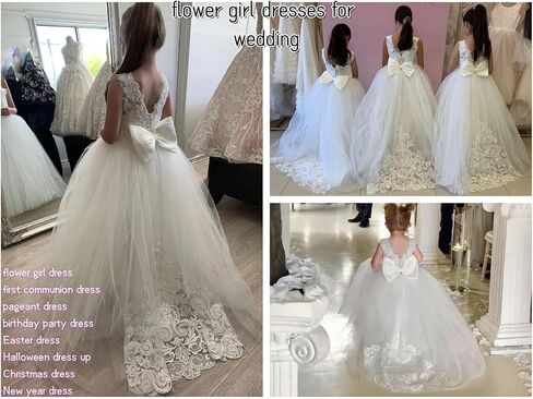 Flower Girls Dress for Wedding Lace Tulle Princess Pageant Dress Kids Prom Ball Gowns with Bow-Knot and Tail in Saudi Arabia
