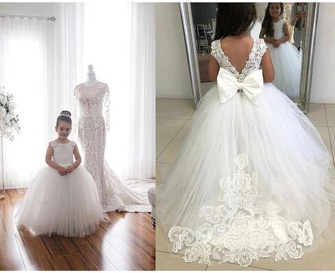 Flower Girls Dress for Wedding Lace Tulle Princess Pageant Dress Kids Prom Ball Gowns with Bow-Knot and Tail in Saudi Arabia