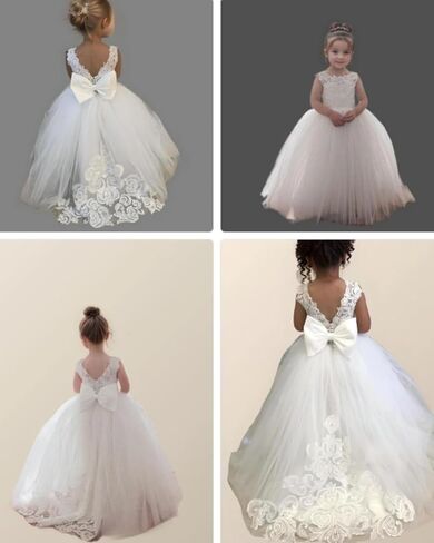 Flower Girls Dress for Wedding Lace Tulle Princess Pageant Dress Kids Prom Ball Gowns with Bow-Knot and Tail in Saudi Arabia