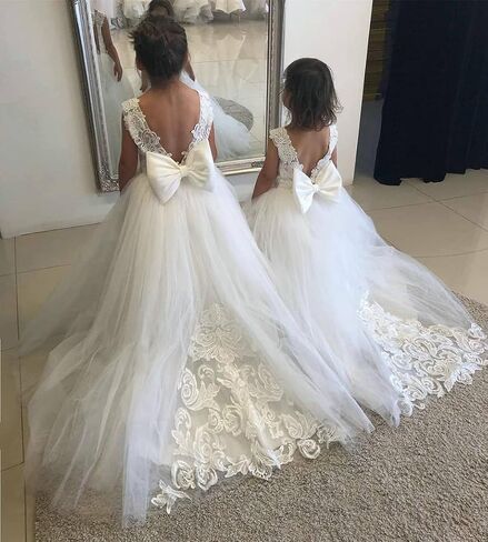 Flower Girls Dress for Wedding Lace Tulle Princess Pageant Dress Kids Prom Ball Gowns with Bow-Knot and Tail in Saudi Arabia