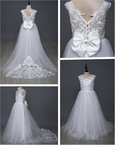 Flower Girls Dress for Wedding Lace Tulle Princess Pageant Dress Kids Prom Ball Gowns with Bow-Knot and Tail in Saudi Arabia