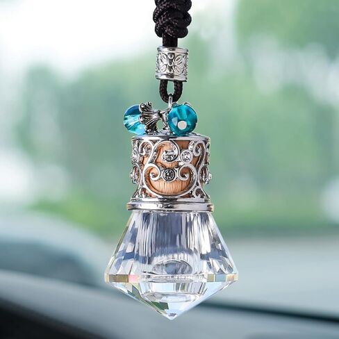 Car Air Freshener Diffuser Hanging Ornament, Diamond-Shaped Empty Crystal Bottle Car Mirror Hanging Accessories, Elegant Bottle Pendant with Wooden Caps Rear View Mirror Accessories in Saudi Arabia