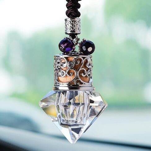 Car Air Freshener Diffuser Hanging Ornament, Diamond-Shaped Empty Crystal Bottle Car Mirror Hanging Accessories, Elegant Bottle Pendant with Wooden Caps Rear View Mirror Accessories in Saudi Arabia
