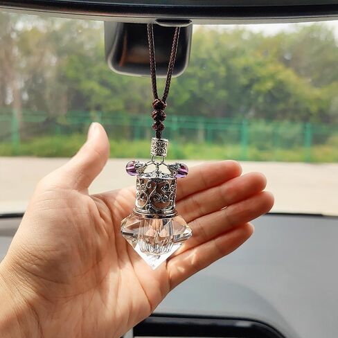 Car Air Freshener Diffuser Hanging Ornament, Diamond-Shaped Empty Crystal Bottle Car Mirror Hanging Accessories, Elegant Bottle Pendant with Wooden Caps Rear View Mirror Accessories in Saudi Arabia