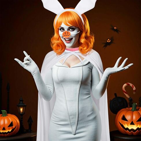 Halloween Ghost Dog Costume for Women with White Cape, Ear Headband, Pink Collar & Pumpkin Nose, Ideal for Halloween Parties, Cosplay, Role Play in Saudi Arabia
