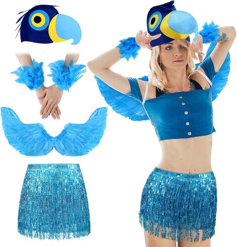 4 Pcs Halloween Blue Macaw Costume Blue Bird Parrot Cosplay Accessories with Feather Wings Felt Parrot Hat Feather Slap Bracelet Cuffs Sequin Fringe Skirt for Halloween Party in Saudi Arabia