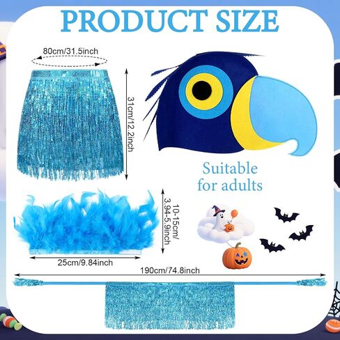 4 Pcs Halloween Blue Macaw Costume Blue Bird Parrot Cosplay Accessories with Feather Wings Felt Parrot Hat Feather Slap Bracelet Cuffs Sequin Fringe Skirt for Halloween Party in Saudi Arabia