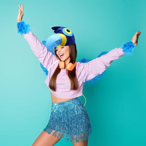 4 Pcs Halloween Blue Macaw Costume Blue Bird Parrot Cosplay Accessories with Feather Wings Felt Parrot Hat Feather Slap Bracelet Cuffs Sequin Fringe Skirt for Halloween Party in Saudi Arabia