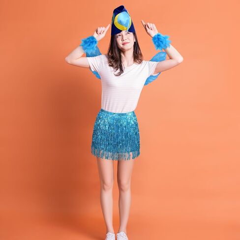 4 Pcs Halloween Blue Macaw Costume Blue Bird Parrot Cosplay Accessories with Feather Wings Felt Parrot Hat Feather Slap Bracelet Cuffs Sequin Fringe Skirt for Halloween Party in Saudi Arabia