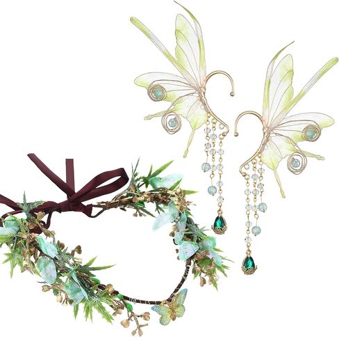 Tondiamo 2 Pcs Fairy Butterfly Elf Set Elf Flower Crown Headpiece Fairy Ears Cuffs Renaissance Accessories Costume Halloween Elves Cosplay for Women Cosplay Dress up Woodland Party Green in Saudi Arabia
